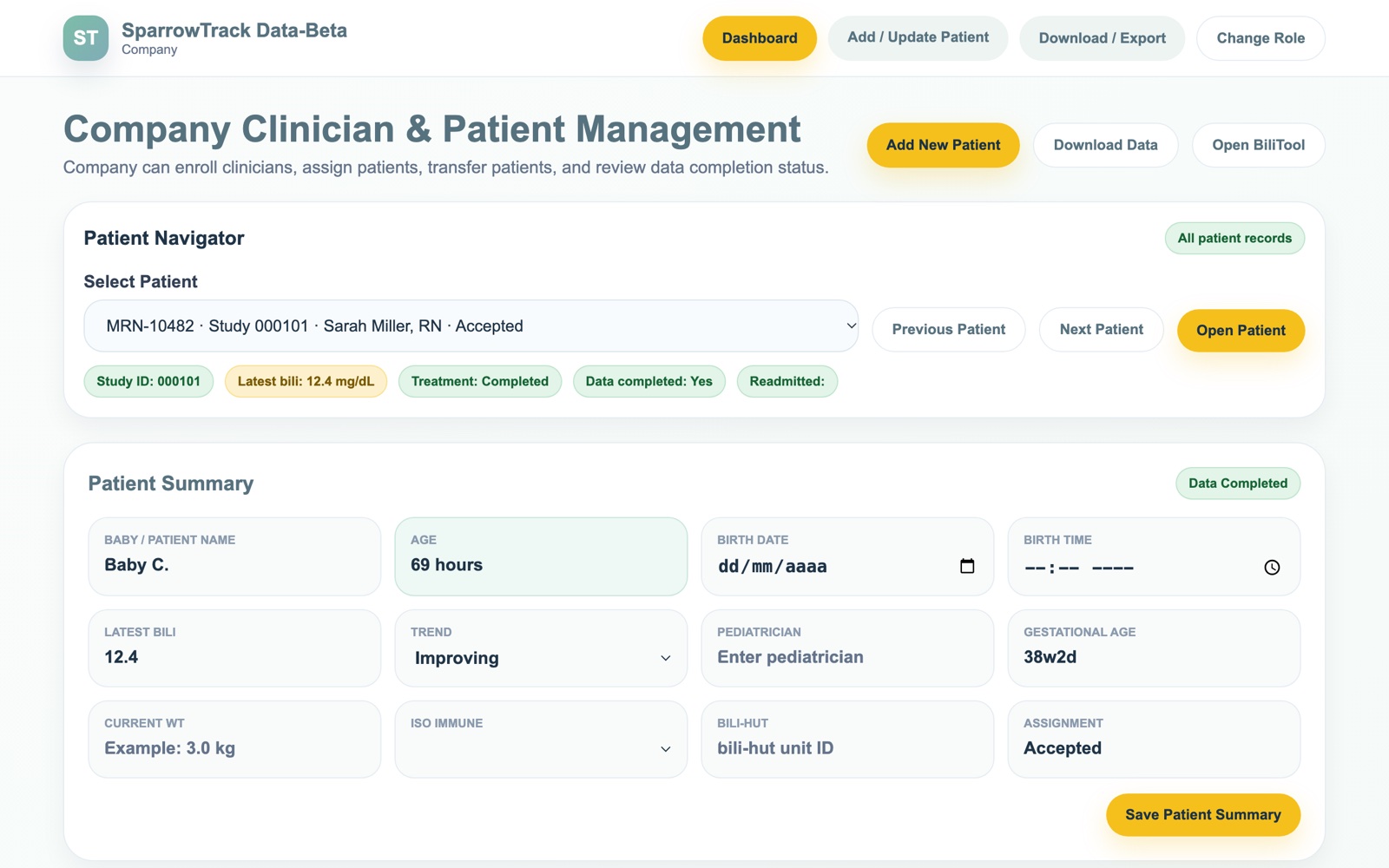 SparrowTrack app: patient management view with study ID, bilirubin and treatment status (prototype, sample data)