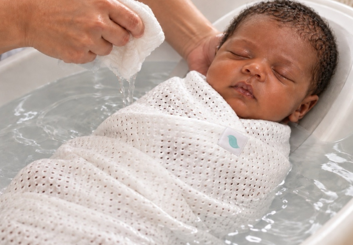 Newborn swaddle-bathing in the sweet dreams air wrap™