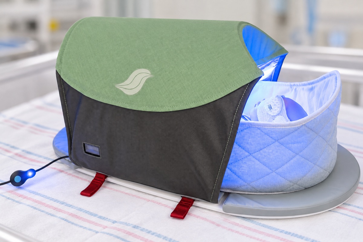 bili-hut™ with the phototherapy lights on in a hospital bassinet