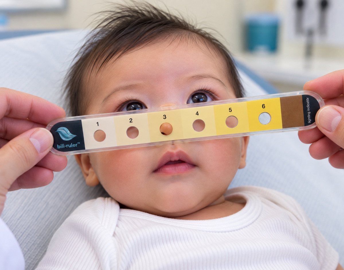 bili-ruler™ six-shade color scale next to an infant’s face