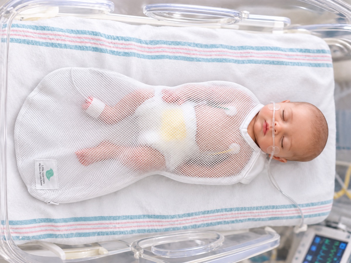 Newborn wearing the sparrow swaddle™ in a NICU incubator